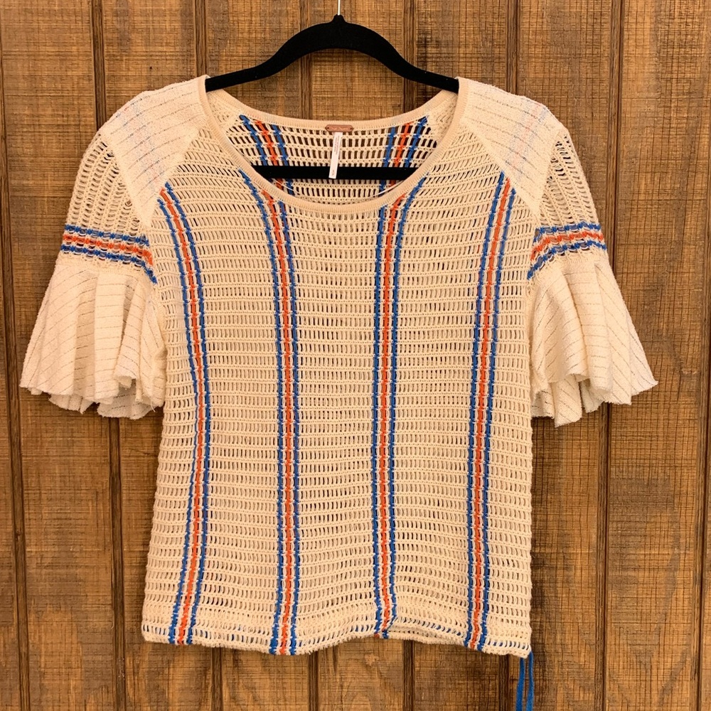Free People Cream and Blue Knit Top